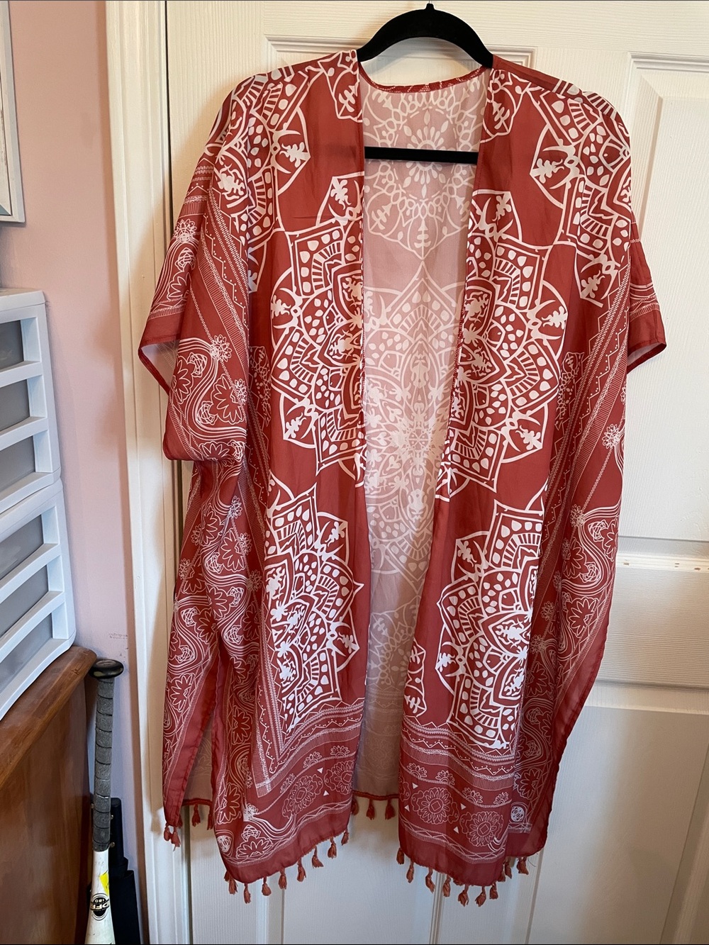 Women's Rust Open-Front Kimono Cape with White Print - Picture 1 of 8